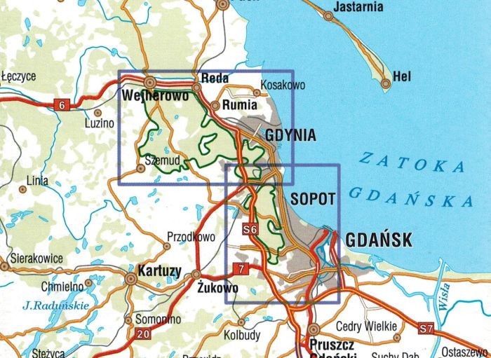 Trójmiejski Park Krajobrazowy 1:25 000. Gdańsk, Gdynia, Sopot, Rumia, Reda, Wejherowo. Wodoodporna mapa turystyczna wydawnictwa Galileos. Zasięg