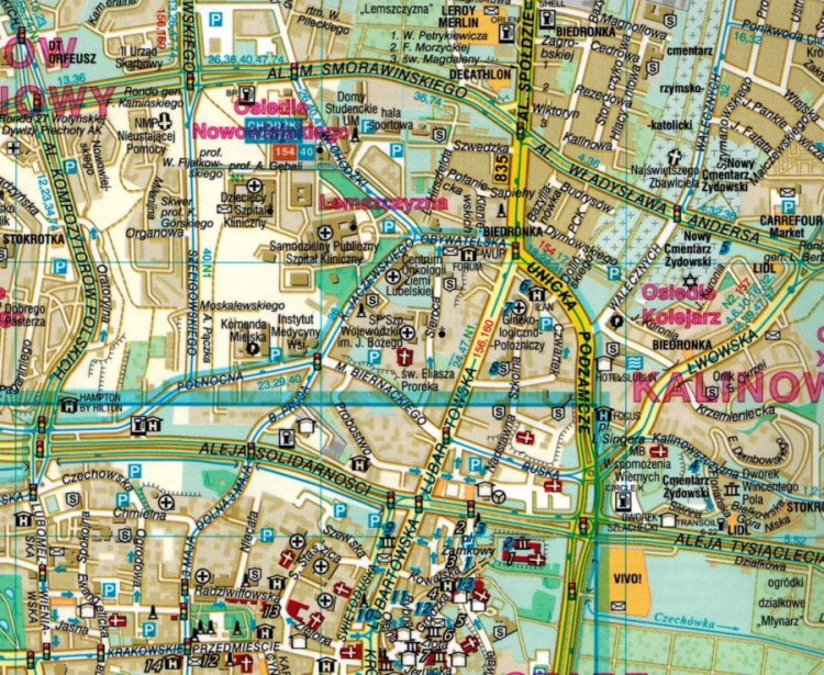 Lublin +5. Kraśnik, Lubartów, Łęczna, Puławy, Świdnik. Laminowana mapa / Plan miasta wydawnictwa Demart. Fragment 1