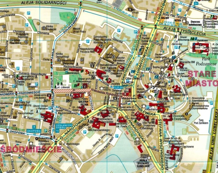 Lublin +5. Kraśnik, Lubartów, Łęczna, Puławy, Świdnik. Laminowana mapa / Plan miasta wydawnictwa Demart. Plan centrum - fragment