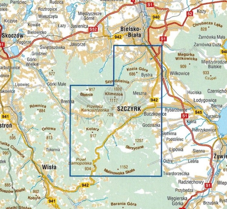 Szczyrk i okolice 1:25 000. Mapa turystyczna wydawnictwa Compass. Zasięg