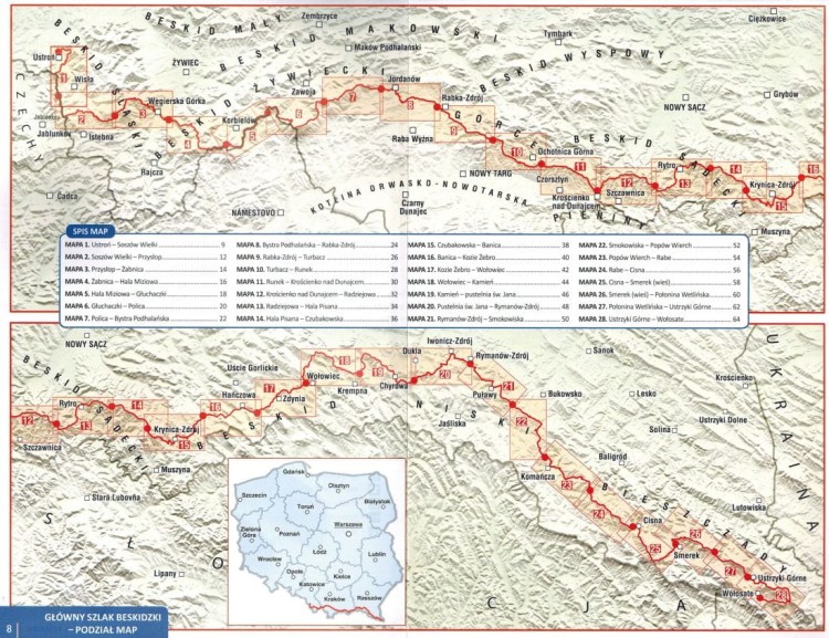 Główny Szlak Beskidzki. Przewodnik turystyczny wydawnictwa Compass. Skorowidz map
