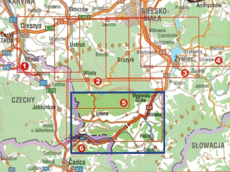 Istebna, Milówka, Rajcza, Węgierska-Górka. Mapa turystyczna wydawnictwa Galileos. Zasięg