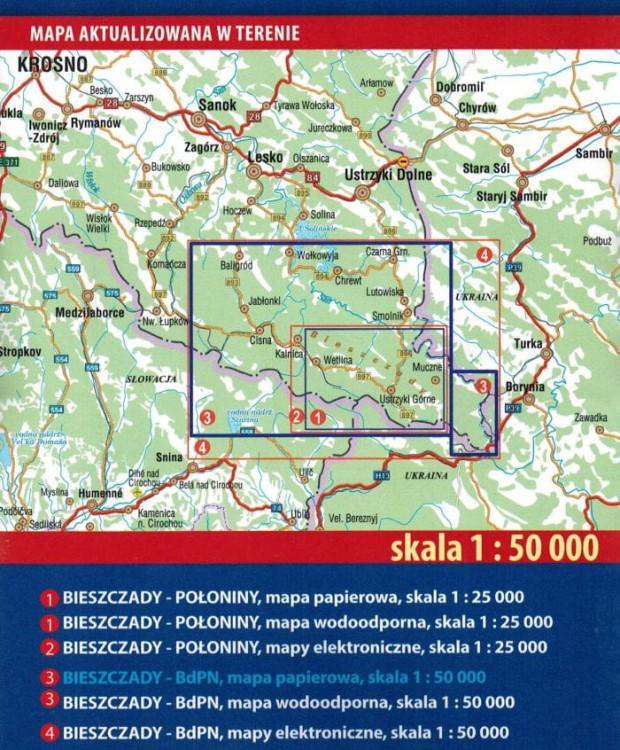 Bieszczady 1:50 000. Bieszczadzki Park Narodowy. Mapa turystyczna wydawnictwa Galileos. Zasięg