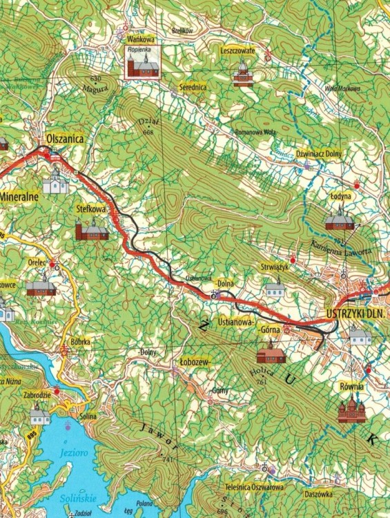 Bieszczady. Zabytkowe cerkwie Bieszczadów. Mapa turystyczna wydawnictwa Rewasz. Fragment 1