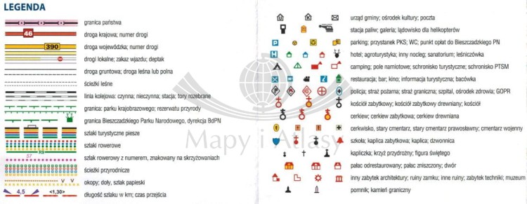 Bieszczady - połoniny 1:25 000. Wodoodporna mapa turystyczna wydawnictwa Galileos. Legenda 1