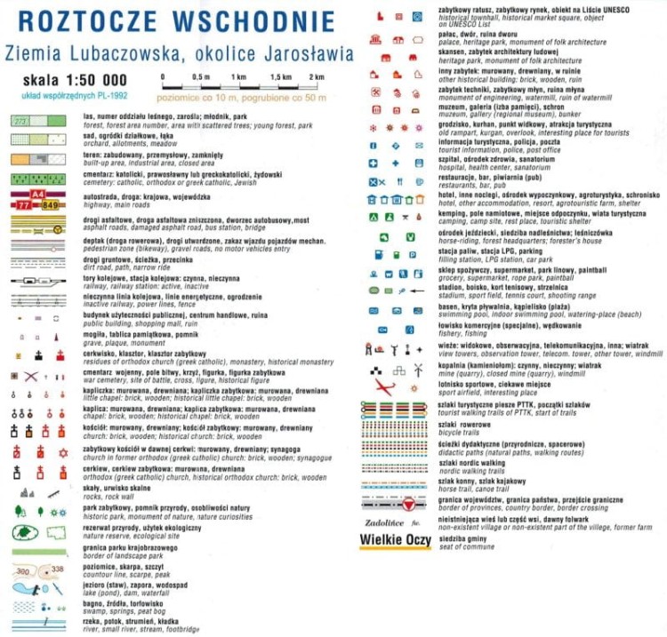 Roztocze Wschodnie 1:50 000. Ziemia Lubaczowska, okolice Jarosławia. Mapa turystyczna wydawnictwa Compass. Legenda