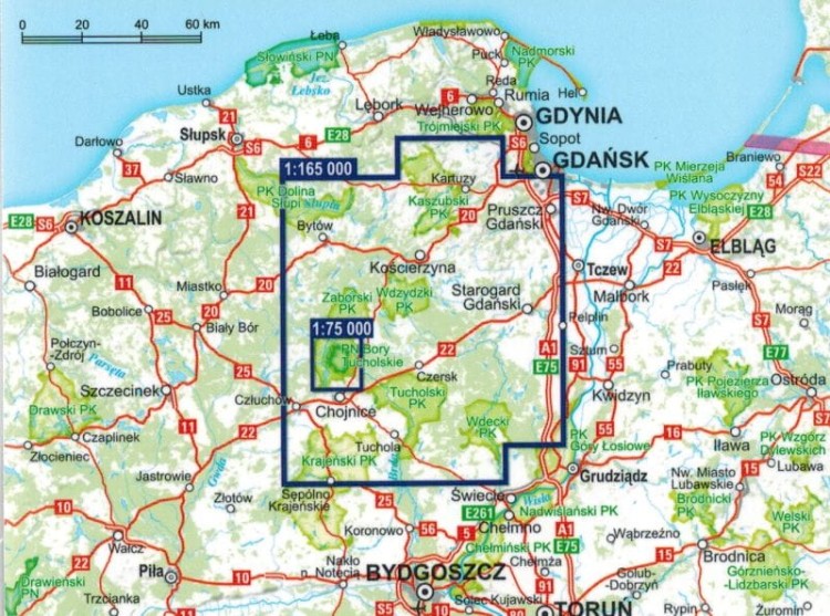Bory Tucholskie, Kaszuby, Kociewie 2 w 1. Laminowana mapa turystyczna + Miniprzewodnik wydawnictwa ExpressMap. Zasięg