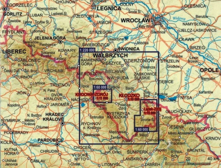Ziemia Kłodzka, Góry Stołowe. Laminowana mapa turystyczna + Miniprzewodnik wydawnictwa ExpressMap. Zasięg
