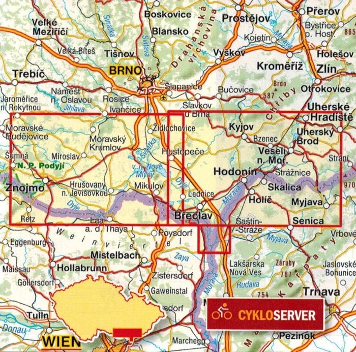 Morawskie winne scieżki / Moravske vinarske stezky. Mapa turystyczna, rowerowa wydawnictwa Shocart. Zasięg