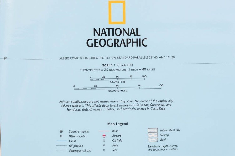 Ameryka Środkowa (Centralna). Mapa ścienna polityczna wydawnictwa National Geographic. Legenda