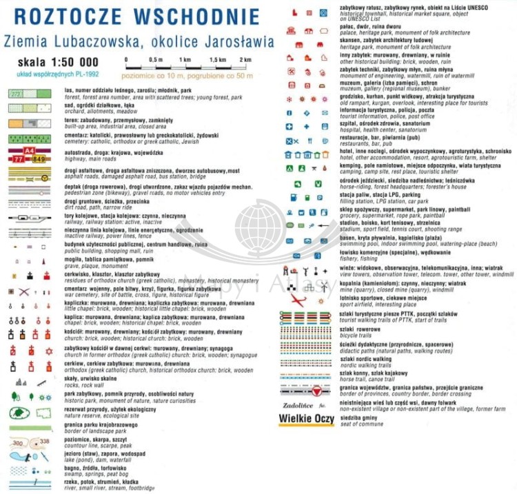 Roztocze Wschodnie 1:50 000. Ziemia Lubaczowska, okolice Jarosławia. Laminowana mapa turystyczna wydawnictwa Compass. Legenda