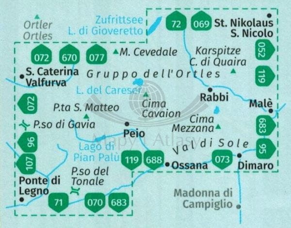 Peio e Rabbi, Val di Sole. Wodoodporna mapa turystyczna 095 wydawnictwa Kompass. Zasięg