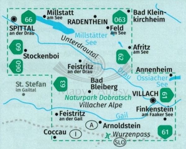 Villacher Alpe, Unterdrautal. Wodoodporna mapa turystyczna 065 wydawnictwa Kompass. Zasięg