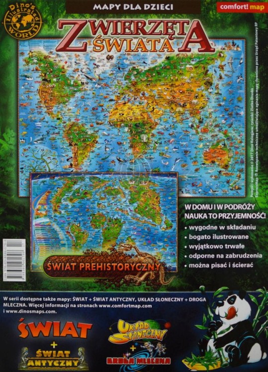 Zwierzęta świata + Świat prehistoryczny. Laminowana mapa dla dzieci. Okładka tył