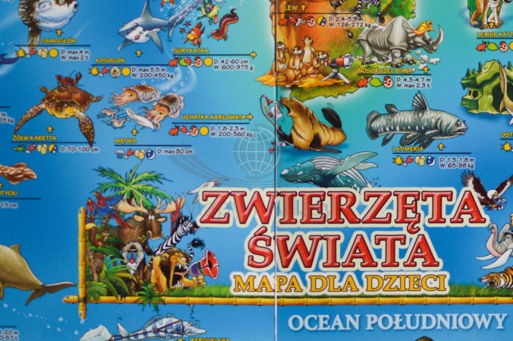 Zwierzęta świata. Laminowana mapa dla dzieci. Fragment 1