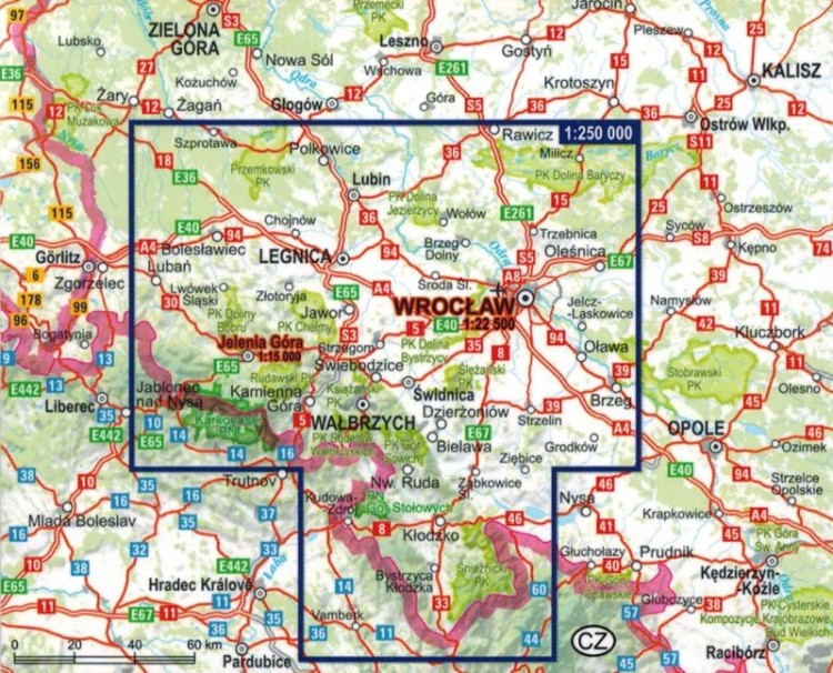 Dolny Śląsk 2 w 1. Laminowana mapa turystyczna + Miniprzewodnik wydawnictwa ExpressMap. Zasięg