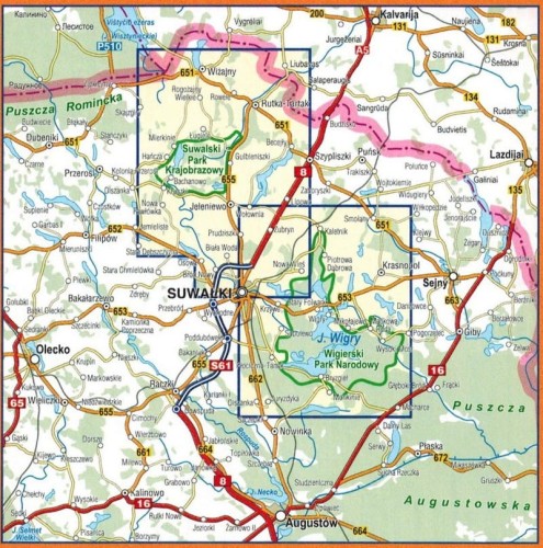 Wigierski Park Narodowy i Suwalski Park Krajobrazowy. Laminowana mapa turystyczna wydawnictwa Compass. Zasięg