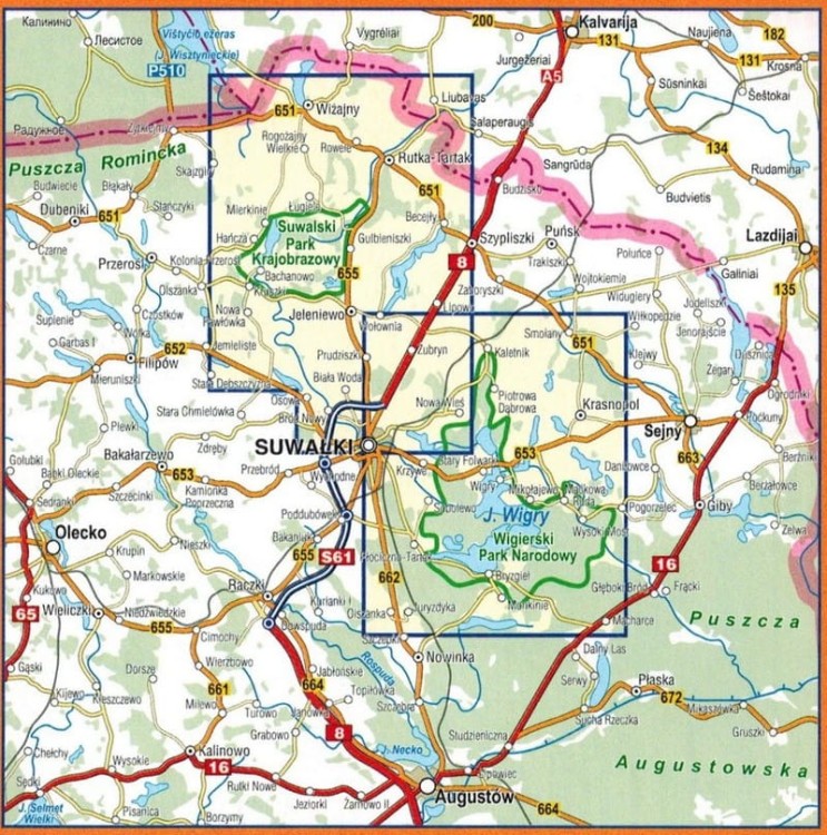 Wigierski Park Narodowy i Suwalski Park Krajobrazowy. Laminowana mapa turystyczna wydawnictwa Compass. Zasięg