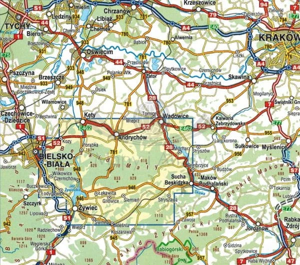 Beskid Mały 1:40 000. Laminowana mapa turystyczna wydawnictwa Compass. Zasięg