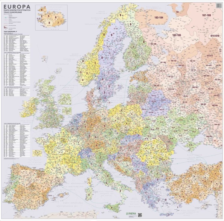 Europa 1:3 000 000. Mapa ścienna. Kody pocztowe. Wersja STRONG. Wydawnictwo Piętka