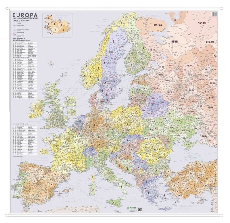 Europa 1:3 000 000. Mapa ścienna. Kody pocztowe. Wersja STRONG. Wydawnictwo Piętka