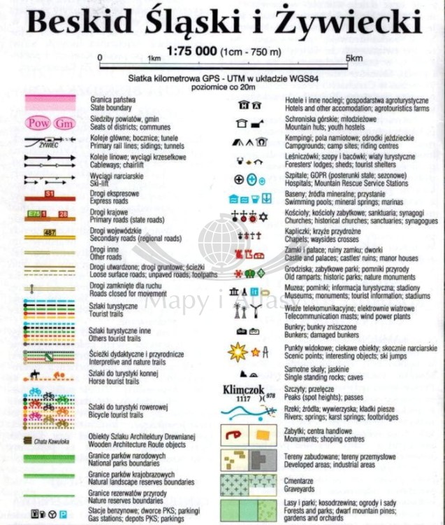 Beskid Śląski i Żywiecki 1:75 000. Laminowana mapa turystyczna wydawnictwa Demart. Legenda