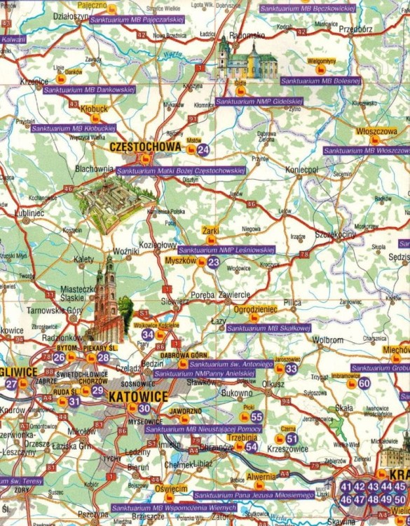 Sanktuaria Polski / Polska 1:900 000. Mapa turystyczna, pielgrzymkowa wydawnictwa Galileos. Fragment