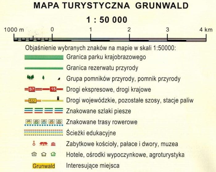 Grunwald i okolice. Park Krajobrazowy Wzgórz Dylewskich. Mapa turystyczna. Legenda