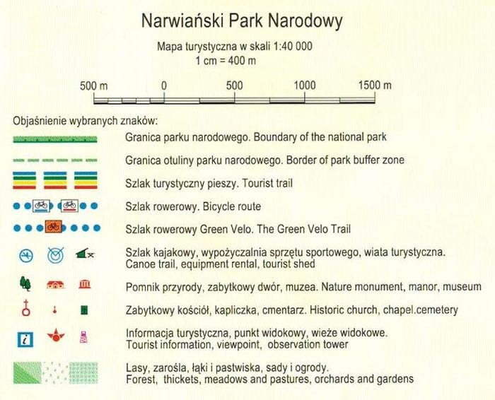 Narwiański Park Narodowy. Okolice Tykocina. Mapa turystyczna. Legenda