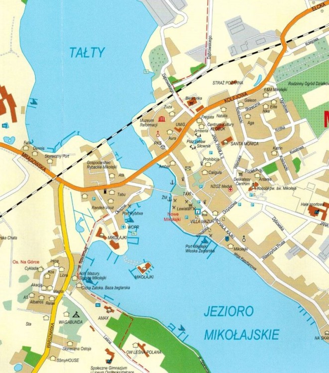 Ruciane-Nida, Mikołajki i okolice. Mapa turystyczna. Plan miasta - fragment