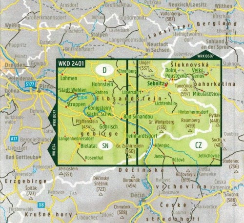 Saksońska (Saska) Szwajcaria, Góry Połabskie 1:25 000. Wodoodporna mapa turystyczna WK D2401 wydawnictwa Freytag & Berndt. Zasięg