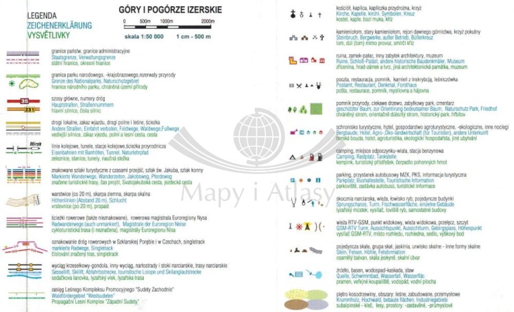Góry i Pogórze Izerskie 1:50 000. Laminowana mapa turystyczna wydawnictwa Galileos. Legenda