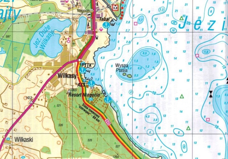 Jezioro Niegocin, Boczne, Wojnowo. Laminowana mapa żeglarska. Fragment 2