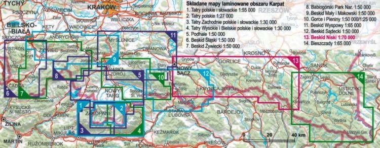 Beskid Niski 1:70 000. Laminowana mapa turystyczna wydawnictwa ExpressMap. Zasięg  i pozostałe publikacje