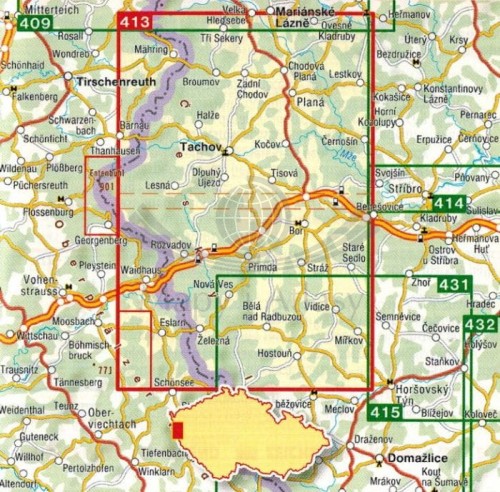 Czeski Las / Cesky Les, Tachovsko. Mapa turystyczna 413 wydawnictwa Shocart. Zasięg