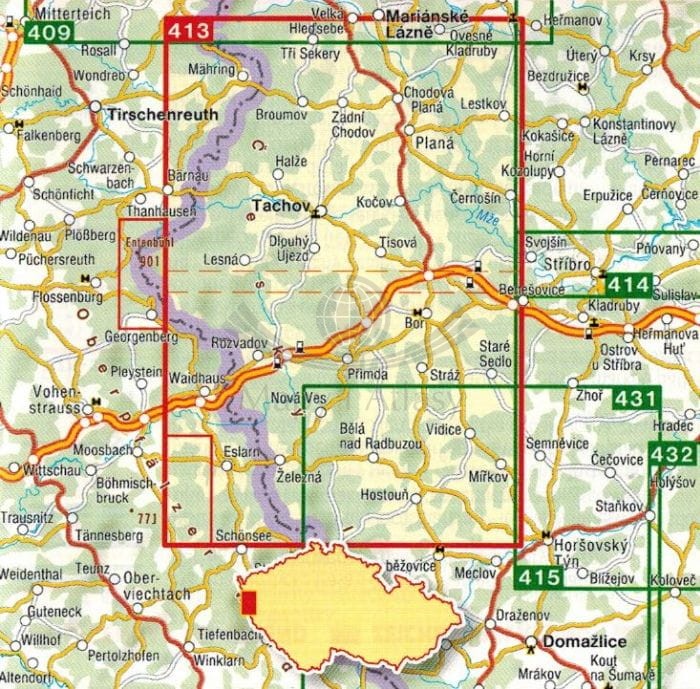Czeski Las / Cesky Les, Tachovsko. Mapa turystyczna 413 wydawnictwa Shocart. Zasięg
