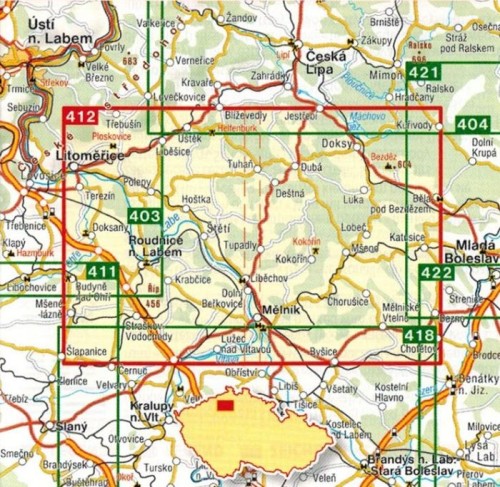 Melnicko, Kokorinsko, Litomericko. Mapa turystyczna 412 wydawnictwa Shocart. Zasięg