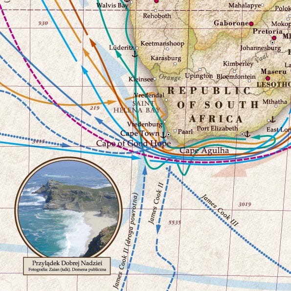 Świat 1:28 000. Mapa ścienna polityczna - morskie podróże wielkich odkrywców. Fragment 1