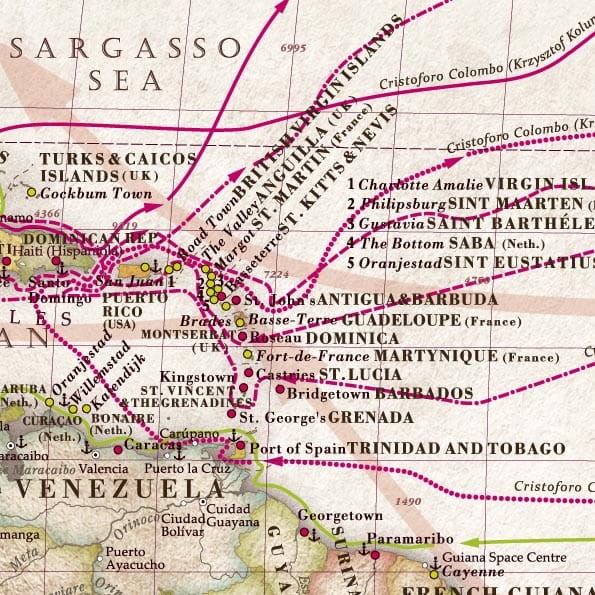 Świat 1:28 000. Mapa ścienna polityczna - morskie podróże wielkich odkrywców. Fragment 2