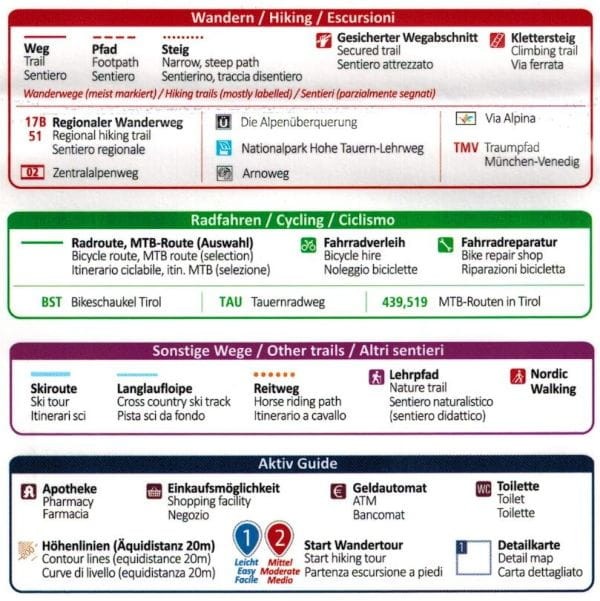 Zillertaler Alpen, Tuxer Alpen / Alpy Zillertalskie. Wodoodporna mapa turystyczna 37 wydawnictwa Kompass. Legenda 3