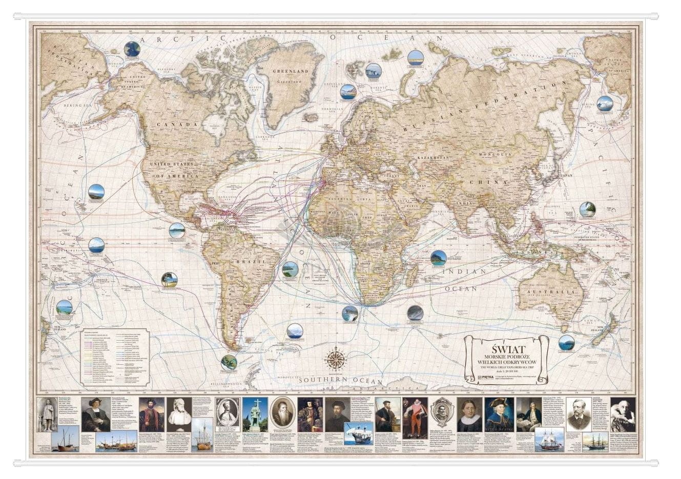 Świat 1:28 000. Mapa ścienna polityczna - morskie podróże wielkich odkrywców. Wersja STRONG