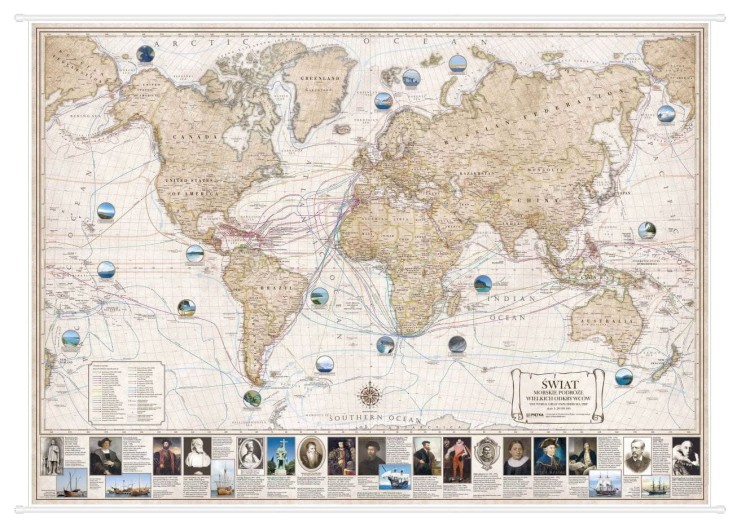 Świat 1:28 000. Mapa ścienna polityczna - morskie podróże wielkich odkrywców. Całość