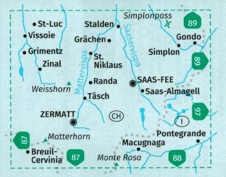Zermatt, Saas-Fee i okolice. Wodoodporna mapa turystyczna 117 wydawnictwa Kompass. Zasięg