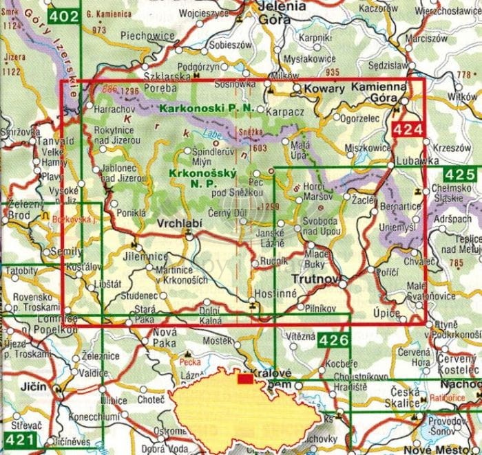 Karkonosze 1:40 000. Mapa turystyczna 424 wydawnictwa Shocart. Zasięg
