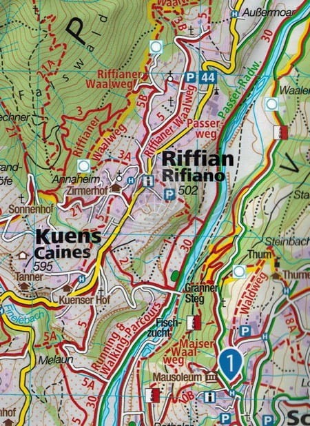 Naturpark Texelgruppe, Meraner Hohenweg, Alpy Otztalskie. Parco Naturale Gruppo di Tessa, Alta Via di Merano. Wodoodporna mapa turystyczna 043 wydawnictwa Kompass. Fragment 2