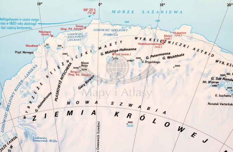 Antarktyda 1:4 500 000. Mapa ścienna fizyczna. Drewniane półwałki. Fragment 2
