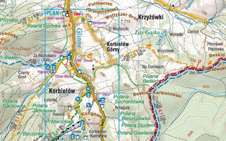 Powiat żywiecki 1:60 000. Korbielów, Milówka, Rajcza, Ujsoły, Węgierska Górka, Zwardoń, Żywiec. Beskid Mały i Żywiecki. Mapa turystyczna / Plan miasta wydawnictwa Compass. Fragment
