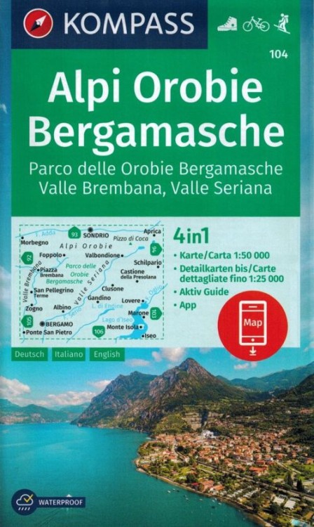 Alpy Bergamskie / Alpi Orobie Bergamasche. Wodoodporna mapa turystyczna 104 wydawnictwa Kompass. Okładka