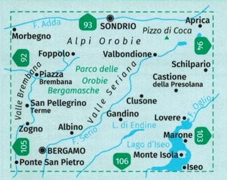 Alpy Bergamskie / Alpi Orobie Bergamasche. Wodoodporna mapa turystyczna 104 wydawnictwa Kompass. Zasięg
