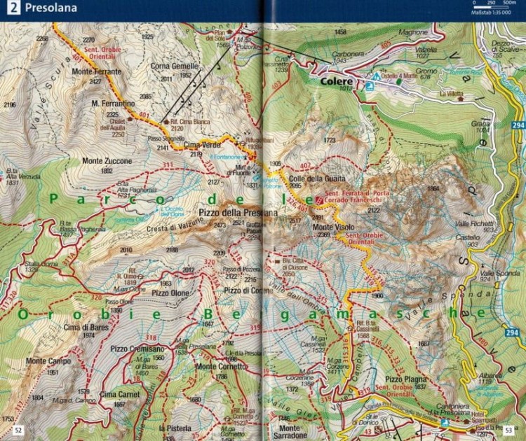 Alpy Bergamskie / Alpi Orobie Bergamasche. Wodoodporna mapa turystyczna 104 wydawnictwa Kompass. Informator - przykładowe strony 2